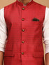 Vastramay Men's Maroon Jacquard Nehru Jacket with Kurta Pyjama Set
